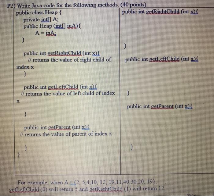 Solved P2) Write Java code for the following methods. (40 | Chegg.com