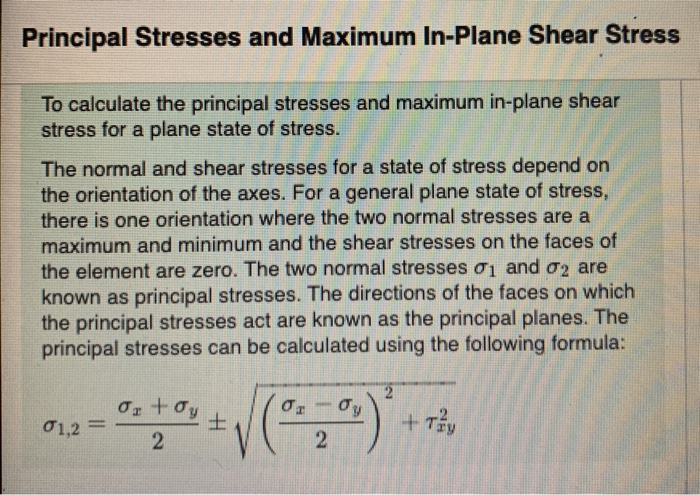 Solved Principal Stresses And Maximum In Plane Shear Stress Chegg Solved Principal Stresses And Maximum In Plane Shear Stress Chegg