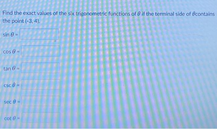 Find the exact values of the six trigonometric functions of \( \theta \) if the terminal side of \( \theta \) contains the po