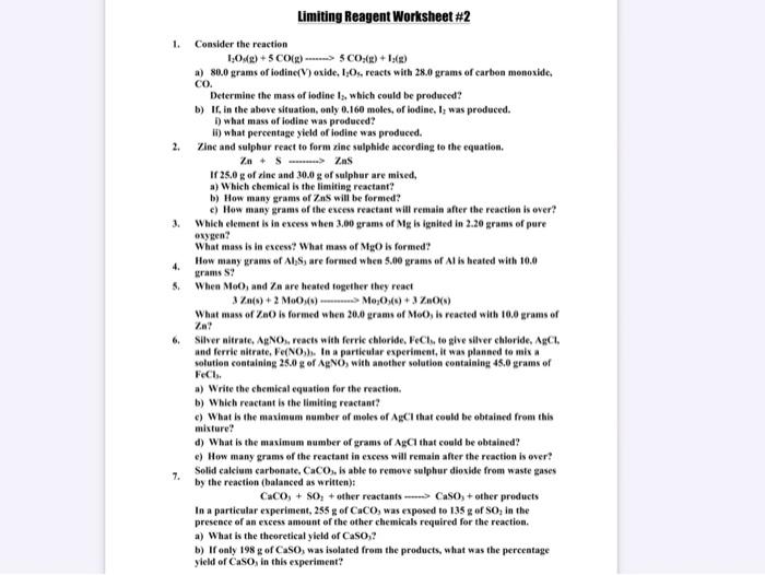 Solved 1. 2. 3. 4. 5 Limiting Reagent Worksheet #2 Consider | Chegg.com