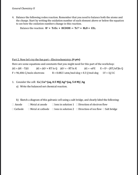 Solved General Chemistry Il Workshop 10: Redox Reactions and | Chegg.com