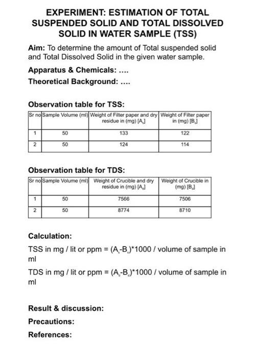 Solved EXPERIMENT: ESTIMATION OF TOTAL SUSPENDED SOLID AND | Chegg.com