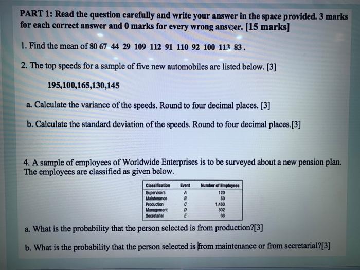 Solved PART 1: Read the question carefully and write your | Chegg.com