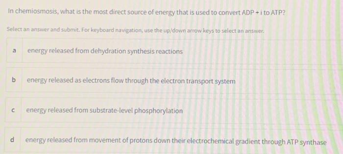 Solved In chemiosmosis, what is the most direct source of | Chegg.com