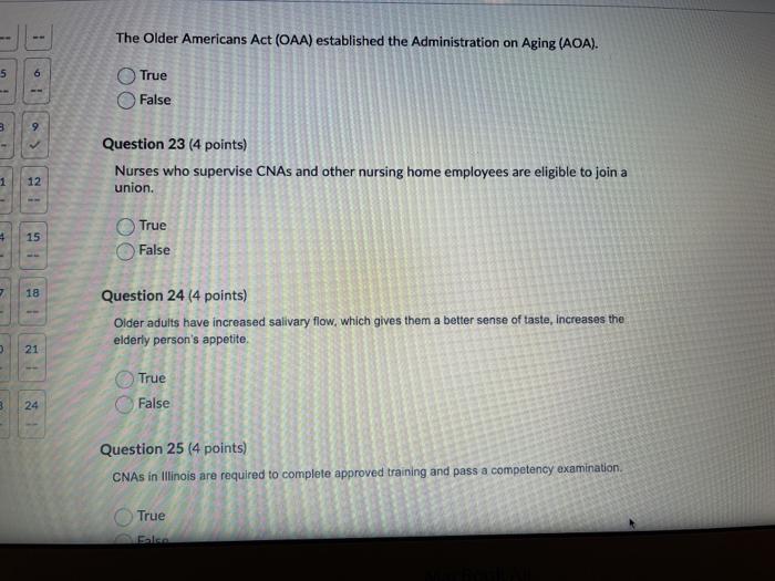 The Older Americans Act (OAA) established the Administration on Aging (AOA). 5 6 True False 3 9 Question 23 (4 points) Nurses