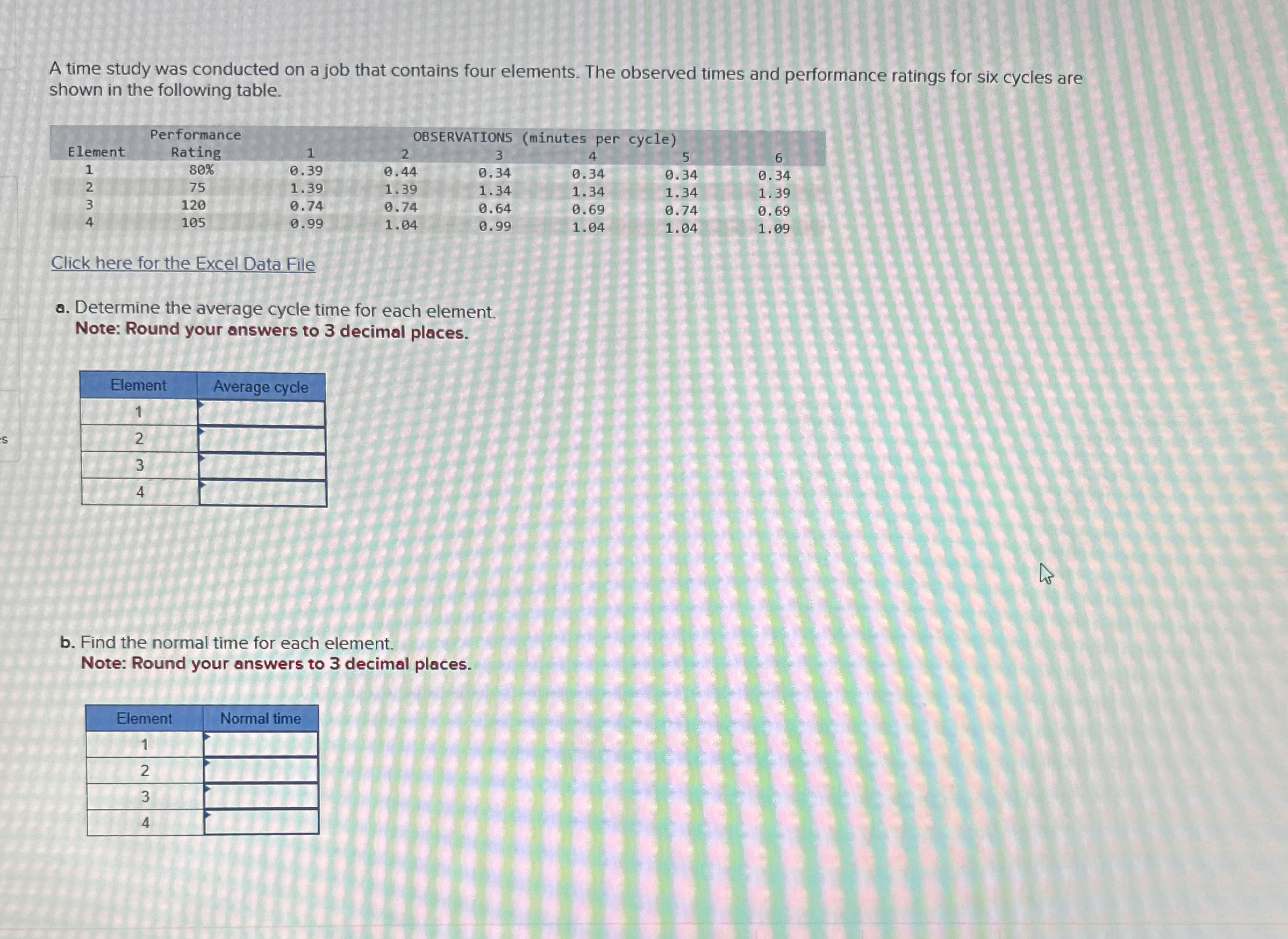 Solved A time study was conducted on a job that contains | Chegg.com