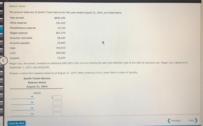 Solved Balance Sheet The account balances of Zenith Travel Chegg