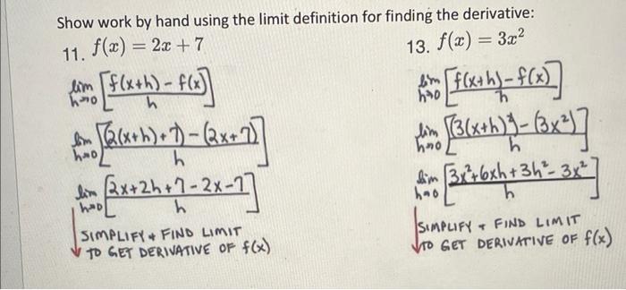 Solved Show work by hand using the limit definition for | Chegg.com