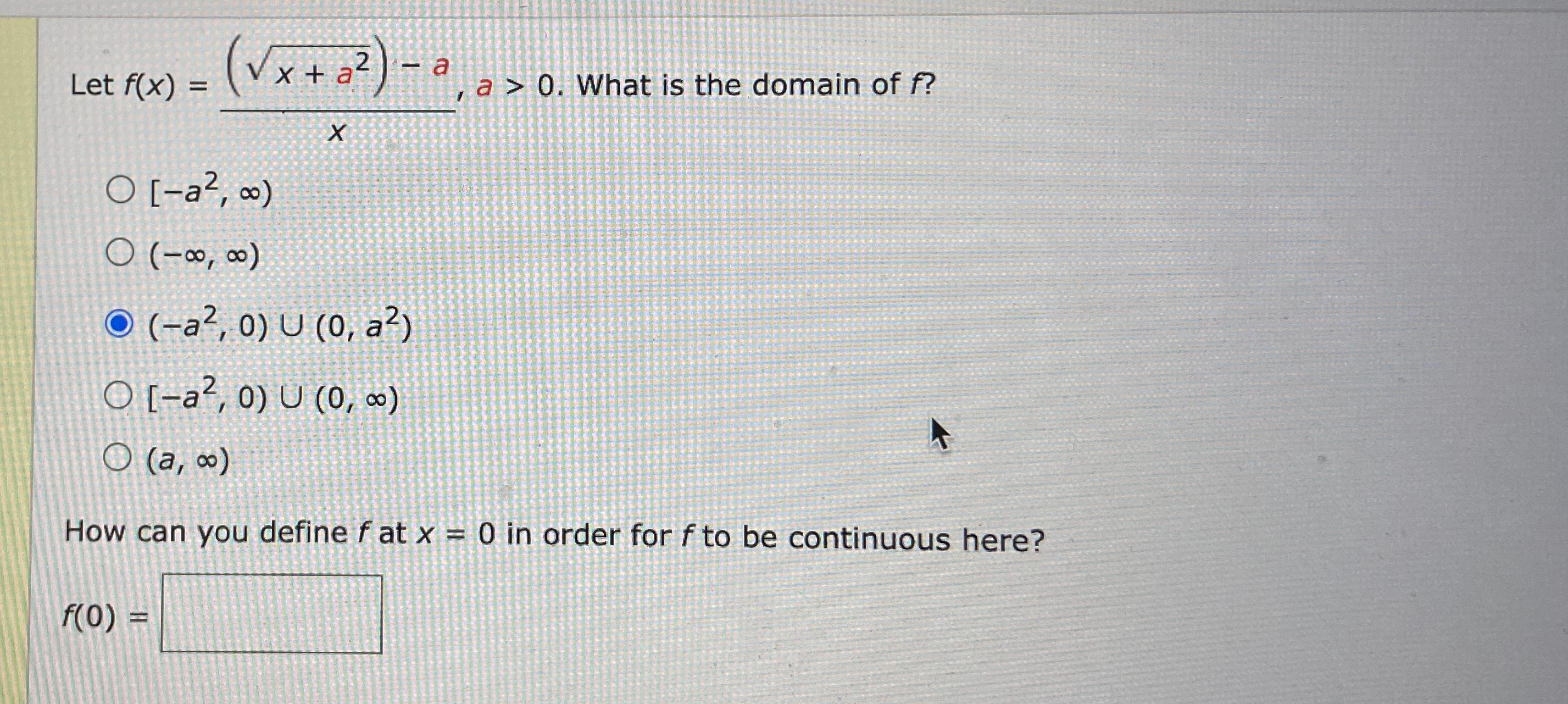 Solved Let f(x)=(x+a22)-ax,a>0. ﻿What is the domain of | Chegg.com