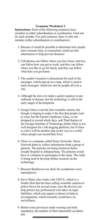 Grammar Worksheet 2 Instructions: Each of the Chegg com