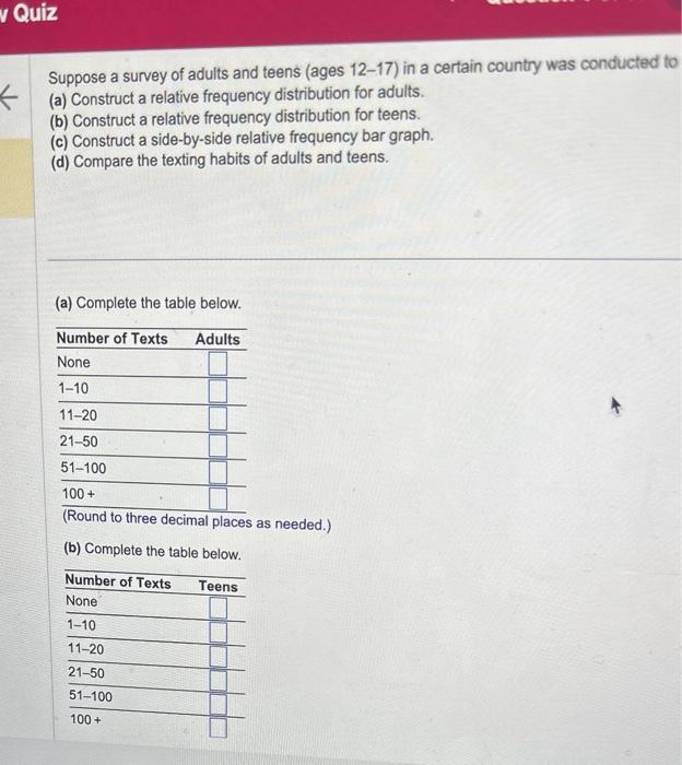 Solved suppose a survey of adults and teens (ages 12-17) in | Chegg.com