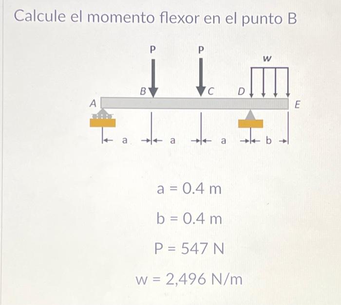 Calcule el momento flexor en el punto B \[ \begin{array}{c} a=0.4 \mathrm{~m} \\ b=0.4 \mathrm{~m} \\ P=547 \mathrm{~N} \\ W=