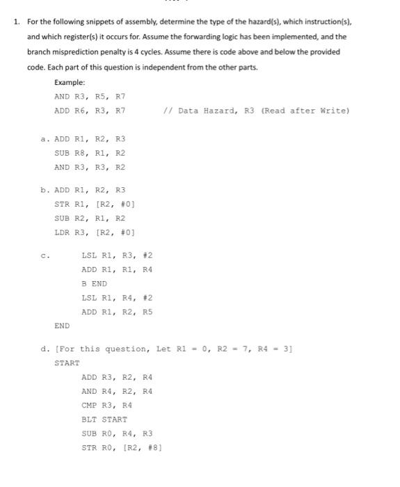 1. For the following snippets of assembly, determine | Chegg.com