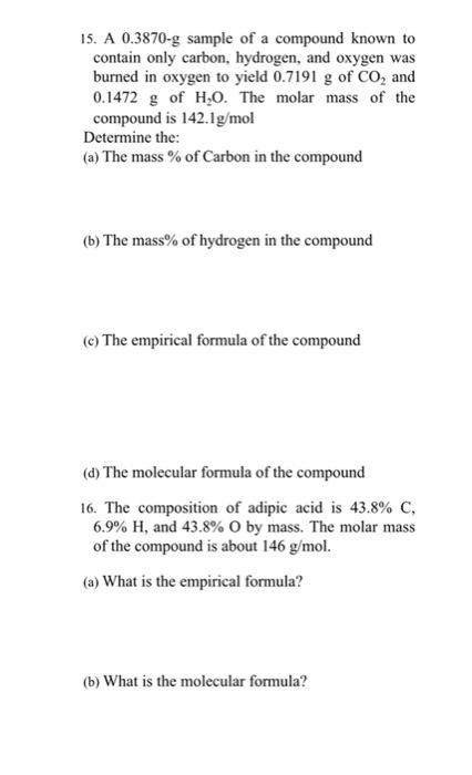 solved-15-a-0-3870-g-sample-of-a-compound-known-to-contain-chegg