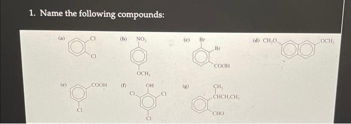 Solved 1. Name the following compounds: (a) (b) (c) (f) (a) | Chegg.com