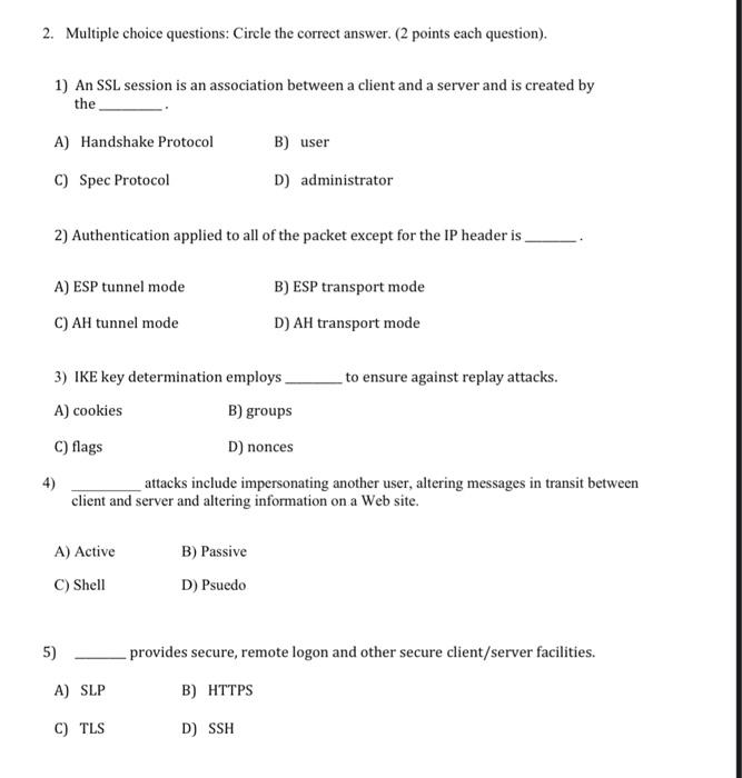 Solved 2. Multiple choice questions: Circle the correct | Chegg.com