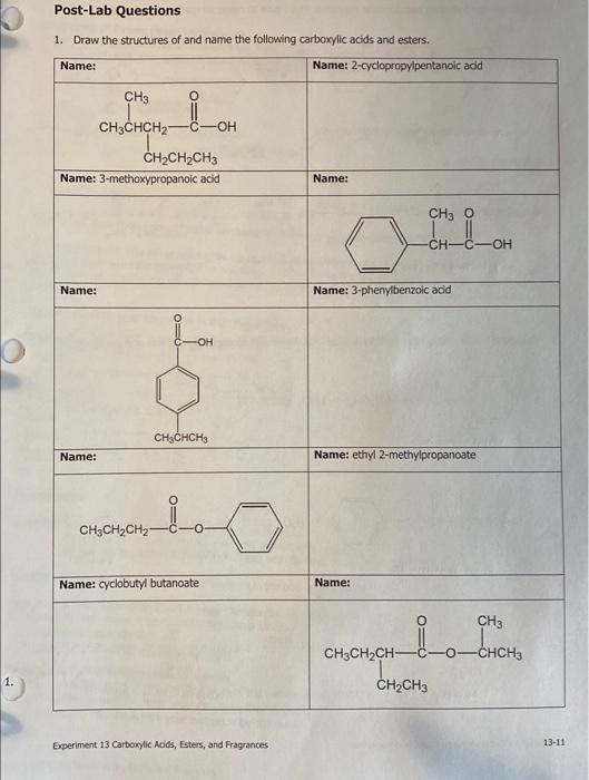 Solved Post-Lab Questions 1. Draw the structures of and name | Chegg.com