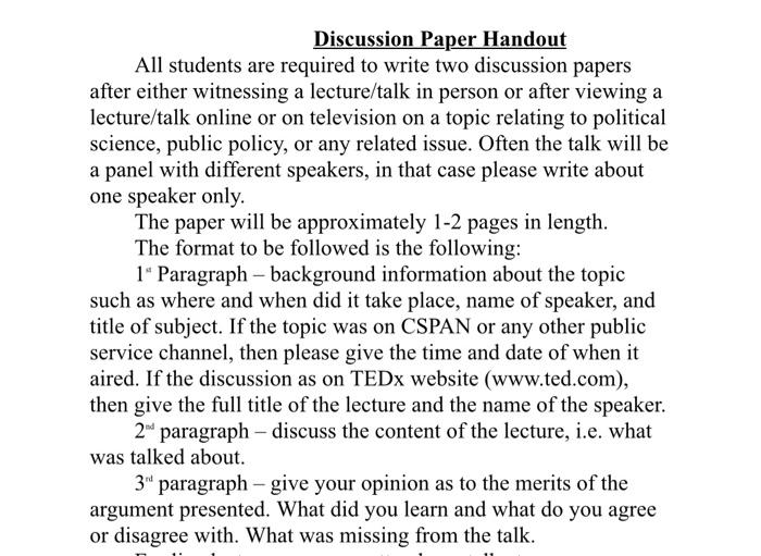 Solved Discussion Paper Handout All Students Are Required To Chegg