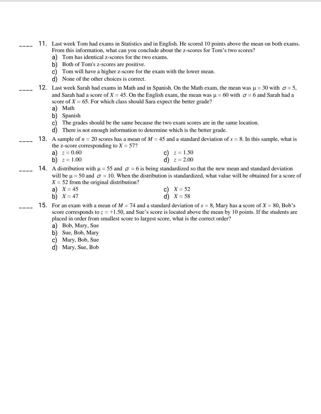 Solved Zscore Practice Problems Multiple Choice 1. For a