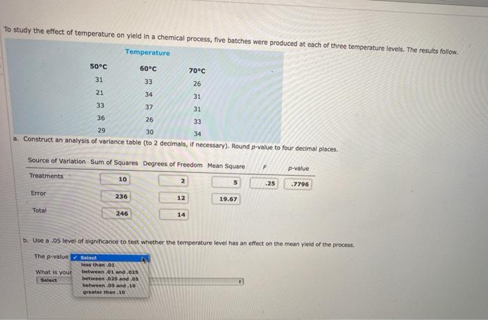 Solved To study the effect of temperature on yield in a | Chegg.com
