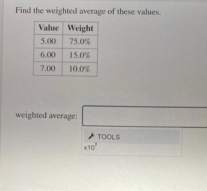 Solved Find the weighted average of these values. Value | Chegg.com