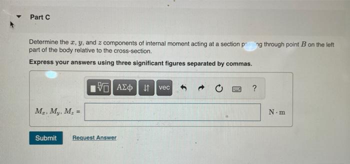Determine the \( x, y \), and \( z \) components of internal moment acting at a section \( p^{\text {- }} \) ag through point