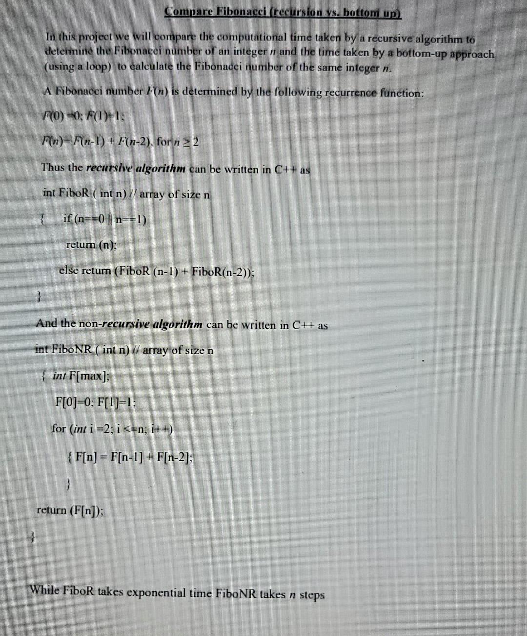 Solved Comparc Fibonacci( (recursion vs. bottom up). In this | Chegg.com