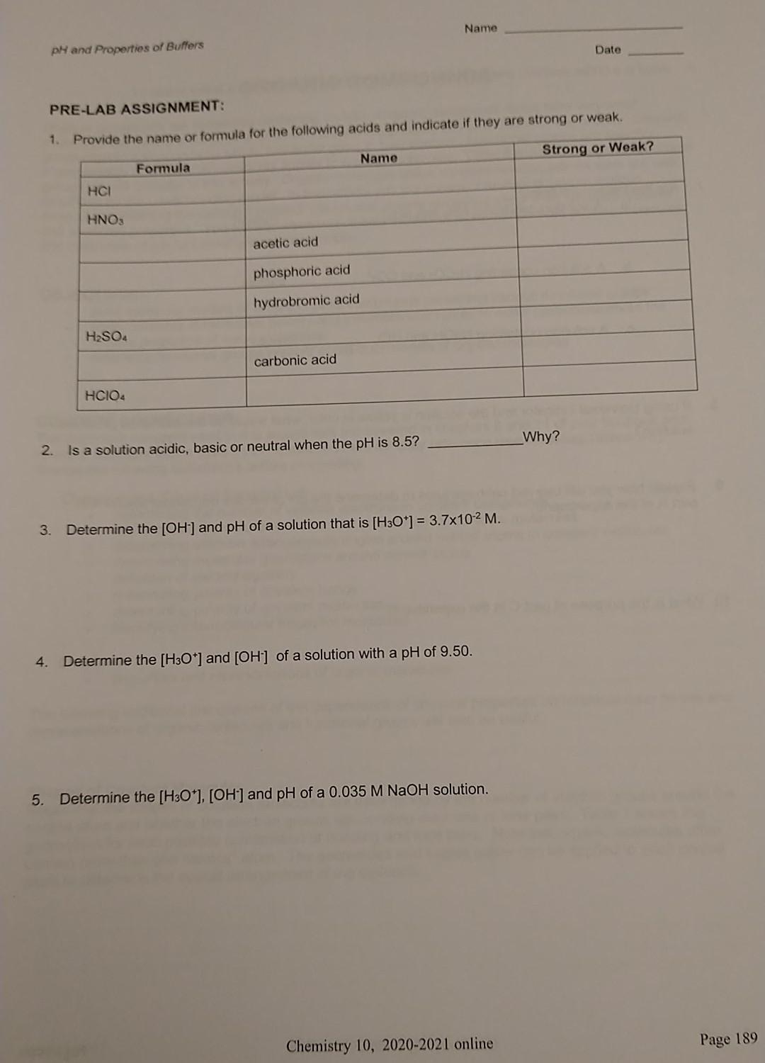 Solved Name pH and Properties of Buffers Date PRE-LAB | Chegg.com