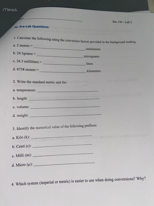 Solved mead. Bio 100 Lab 2 IV. PreLab Questions 1.