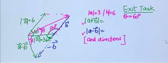 Solved ∣a∣=3∣b∣=6 Exit Task. ∣θ=60∘∣a+b∣=∣a−b∣=[ and | Chegg.com
