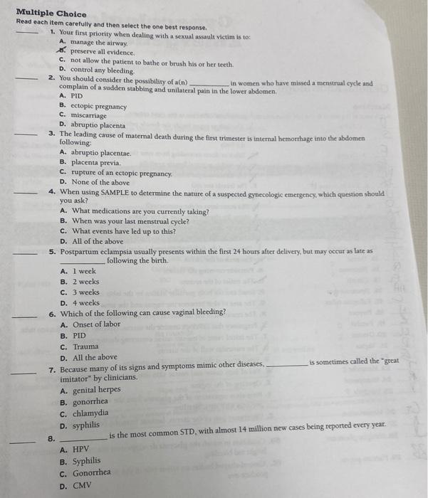 Solved Multiple Choice Read each item carefully and then | Chegg.com