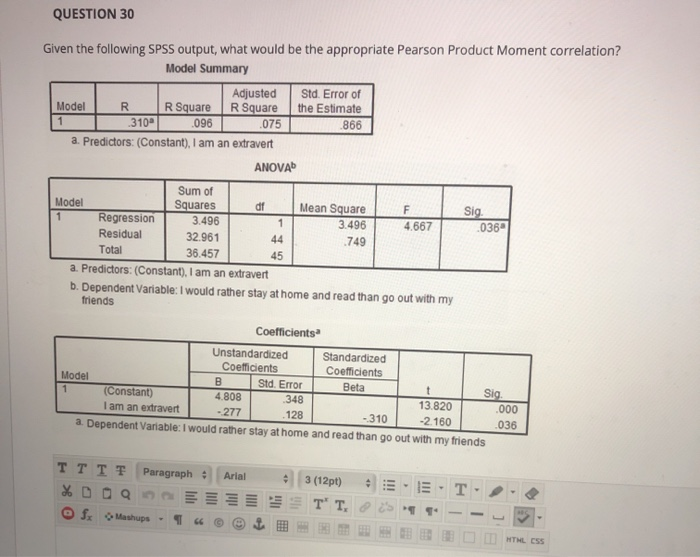 Solved QUESTION 30 Given the following SPSS output, what | Chegg.com