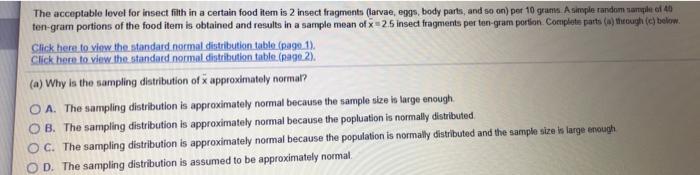 Solved The acceptable level for insect filth in a certain | Chegg.com