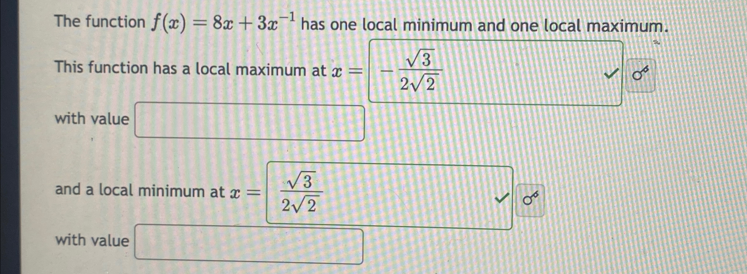 Solved The function f(x)=8x+3x-1 ﻿has one local minimum and | Chegg.com