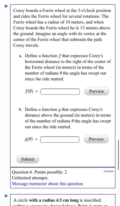 Corey Boards A Ferris Wheel At The 3 O Clock Position Chegg Com