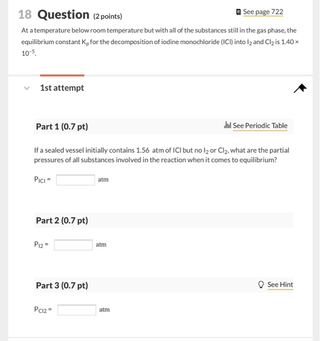 Solved 18 Question (2 points) See page 722 At a temperature | Chegg.com