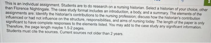 This is an individual assignment. Students are to do research on a nursing historian. Select a historian of your choice, othe