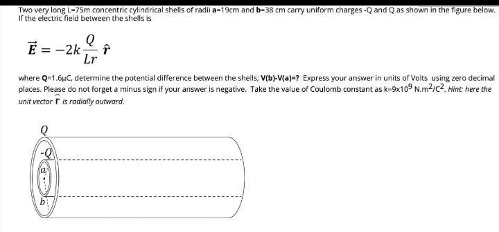 Solved Two Very Long L 75m Concentric Cylindrical Shells Of Chegg Com