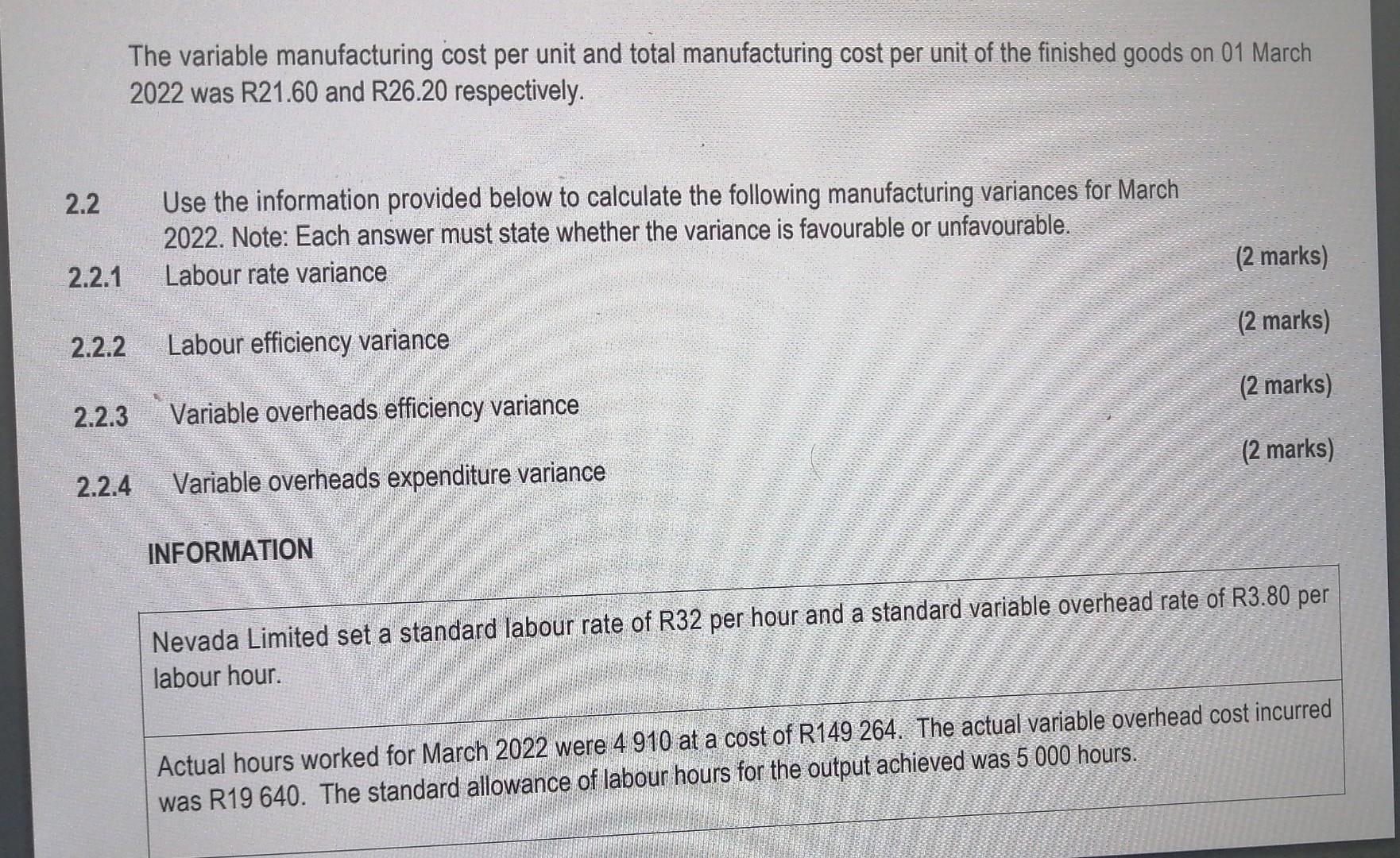 Solved 2.2 2.2.1 The Variable Manufacturing Cost Per Unit | Chegg.com