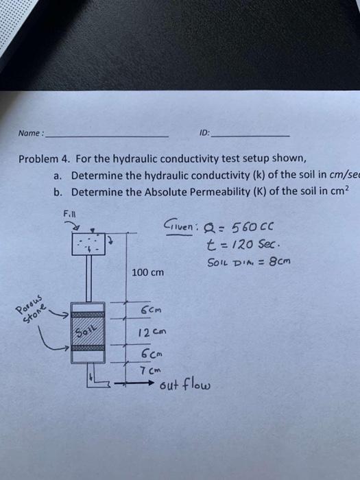 Solved Name : ID: Problem 4. For the hydraulic conductivity | Chegg.com