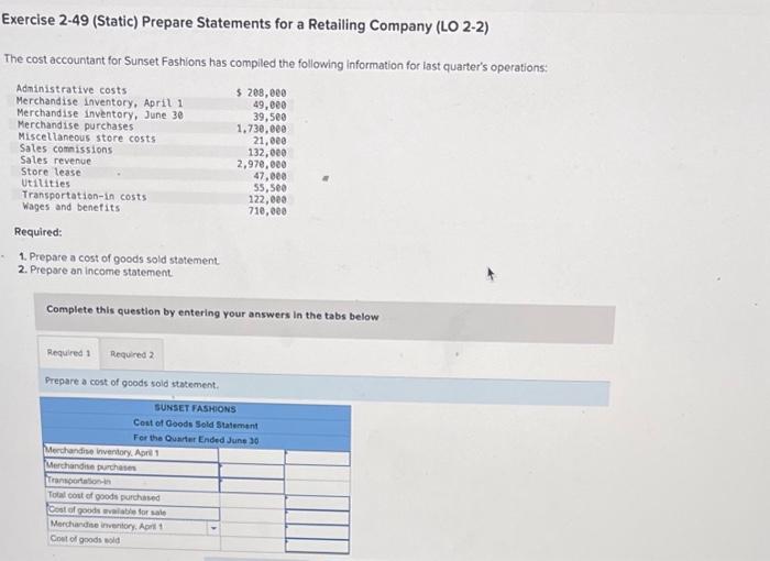 Solved Exercise 2-49 (Static) Prepare Statements for a | Chegg.com
