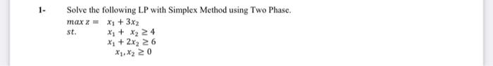 Solved Solve the following LP with Simplex Method using Two | Chegg.com