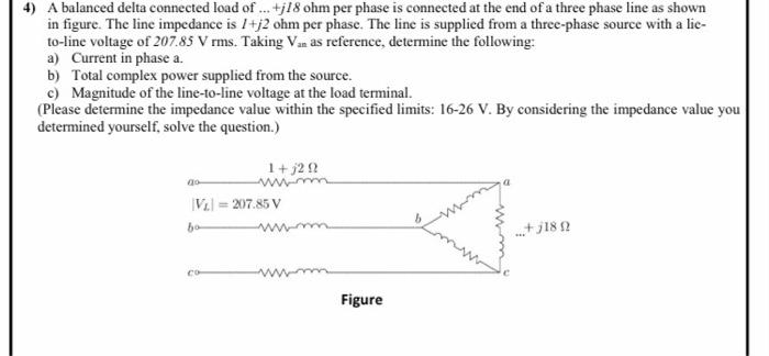 Solved 4) A balanced delta connected load of …+j18ohm per | Chegg.com