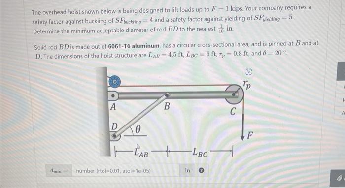The overhead hoist shown below is being designed to lift loads up to \( F=1 \) kips, Your company requires a safety factor ag