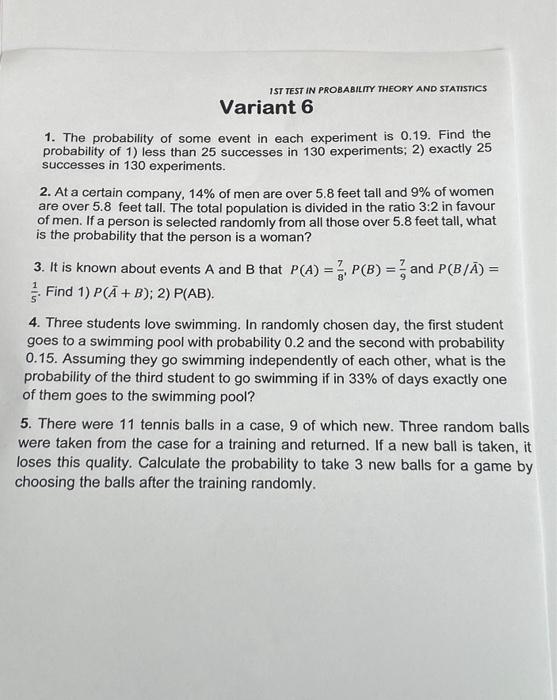 Solved 1ST TEST IN PROBABILITY THEORY AND STATISTICS Variant | Chegg.com