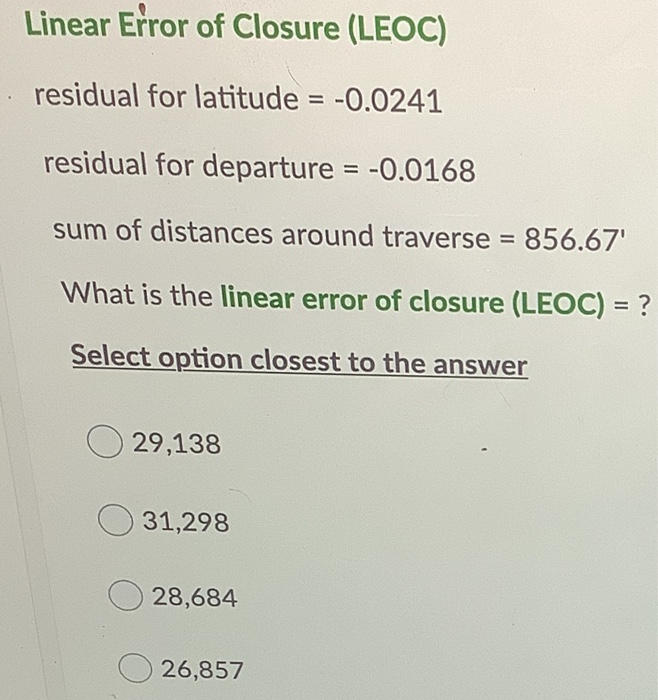 Solved Linear Error of Closure (LEOC) residual for latitude | Chegg.com