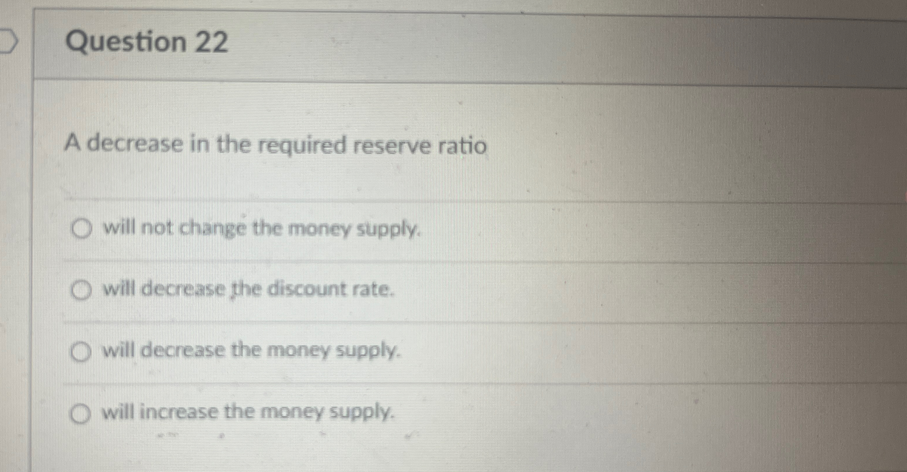 Solved Question 22A decrease in the required reserve | Chegg.com