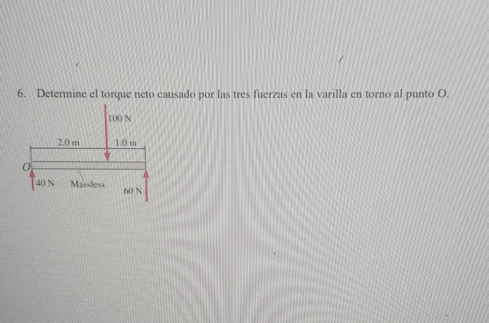 Determine el torque neto causado por las tres fuerzas en la varilla en torno al punto \( O \).