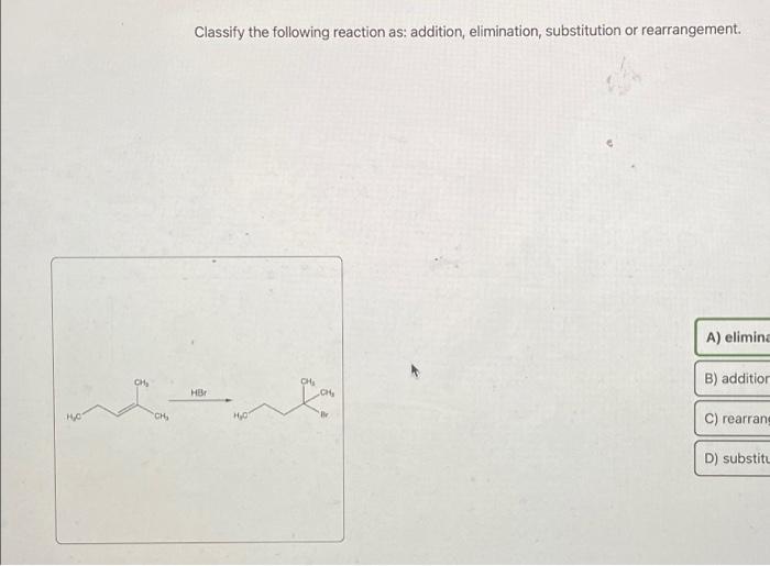 Solved Classify the following reaction as: addition, | Chegg.com