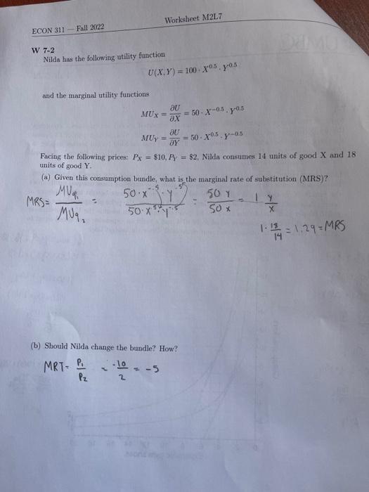 Solved W 7−2 Nilda has the following utility function | Chegg.com